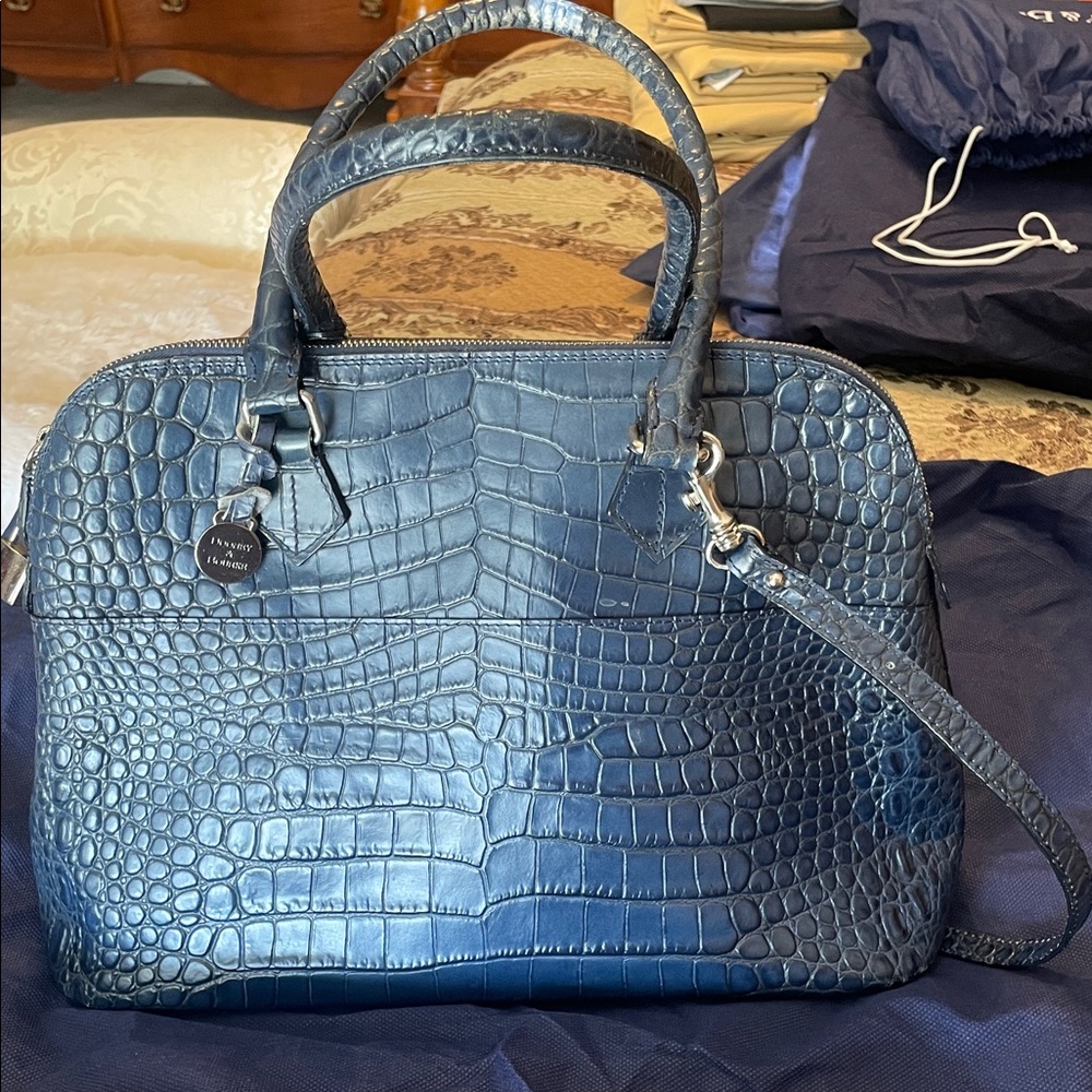Blue Crocodile-Embossed Satchel with Silver Hardware